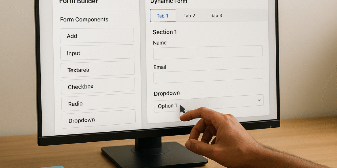 It provides a drag-and-drop interface for building dynamic forms with tabs, sections, and dropdowns,